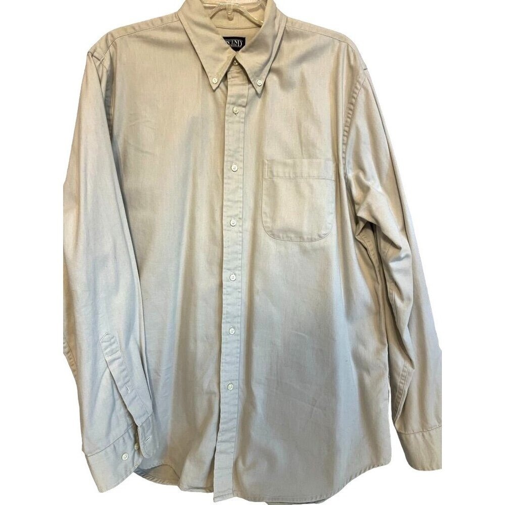 Lands End L Mens Long Sleeve Button-Down‎ Shirt Size L Beige Cotton Heavy warm